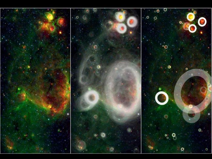 Photo: Stellar bubbles detected by people! Image credit: NASA/JPL-Caltech/Oxford University
