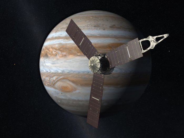 Image: Launching from Earth in 2011, the Juno spacecraft will arrive at Jupiter in 2016 to study the giant planet from an elliptical, polar orbit. Image credit: NASA/JPL-Caltech