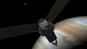 Image: This illustration depicts NASA's Juno spacecraft at Jupiter, with its solar arrays and main antenna pointed toward the distant sun and Earth. Image Credit: NASA/JPL-Caltech