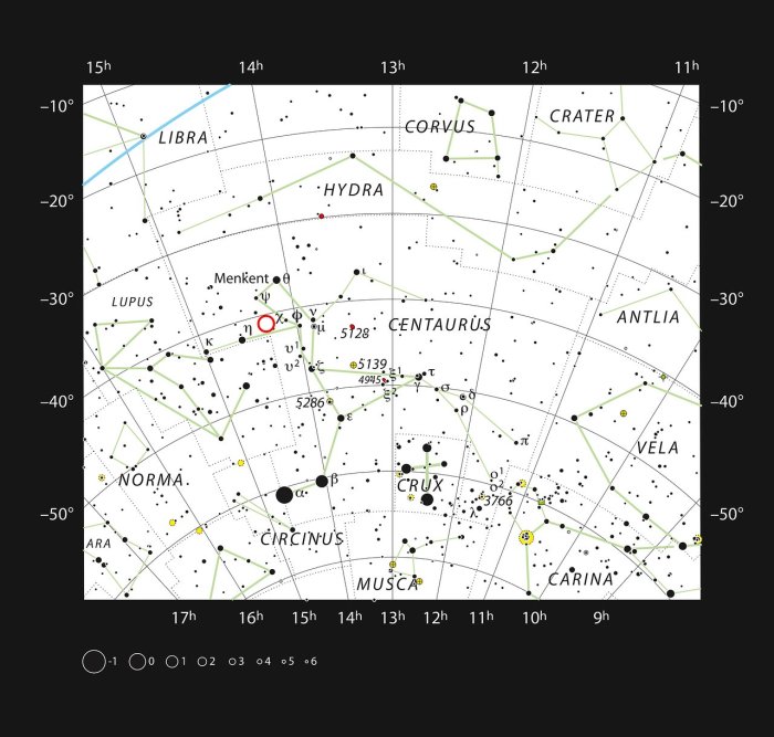 Image: This chart shows the southern constellation of Centaurus and marks most of the stars visible to the unaided eye on a clear dark night.  The dwarf star PDS 70 is marked with a red circle. Credit: ESO, IAU and Sky & Telescope